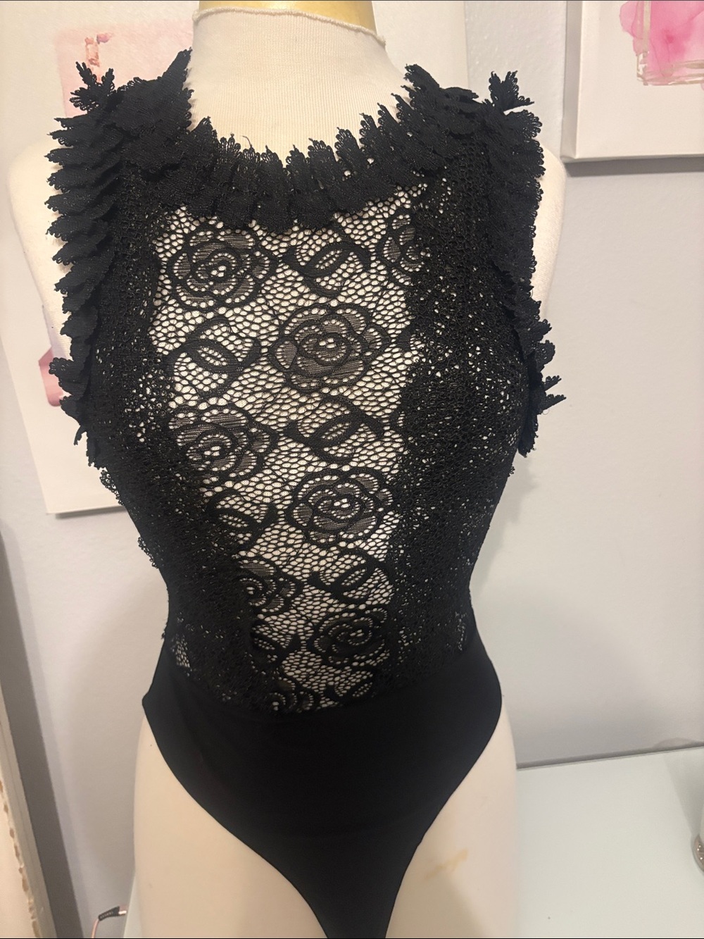 Black Lace Floral High-Neck Bodysuit